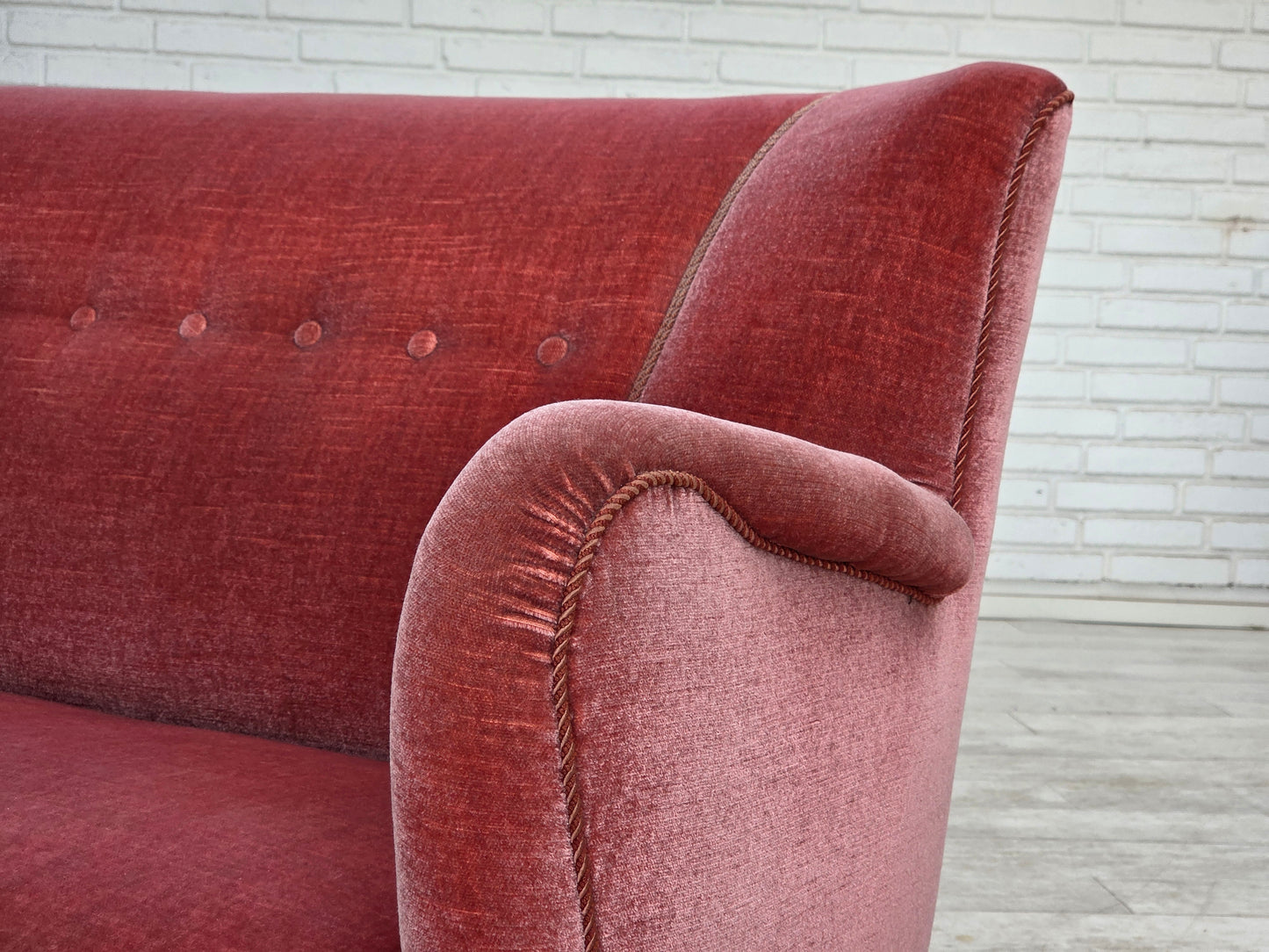 1970s, Danish 2-seater sofa, salmon pink furniture velour, oak wood.