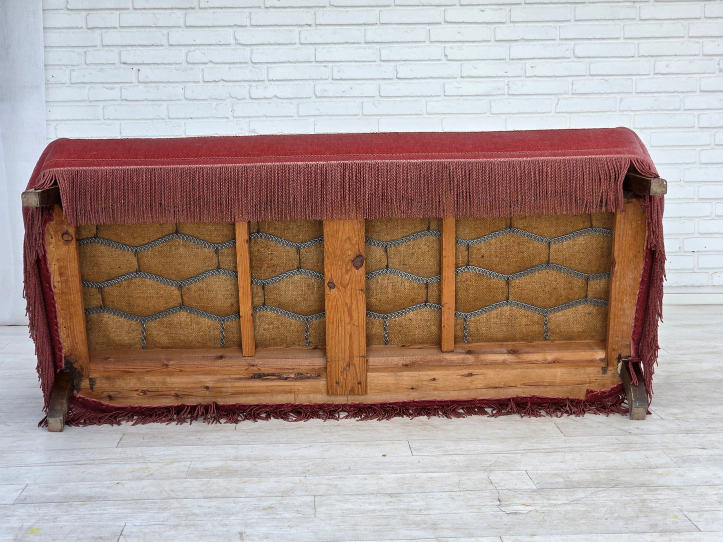 1970s, Danish 2-seater sofa, salmon pink furniture velour, oak wood.