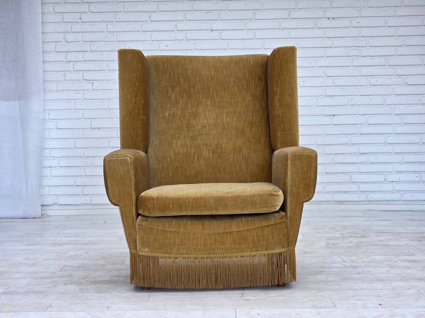 1970s, Danish highback armchair, honey yellow furniture velour.
