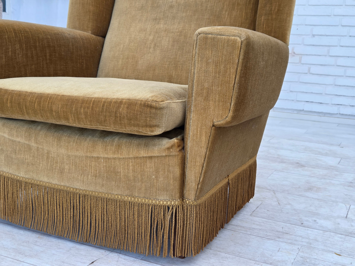 1970s, Danish highback armchair, honey yellow furniture velour.