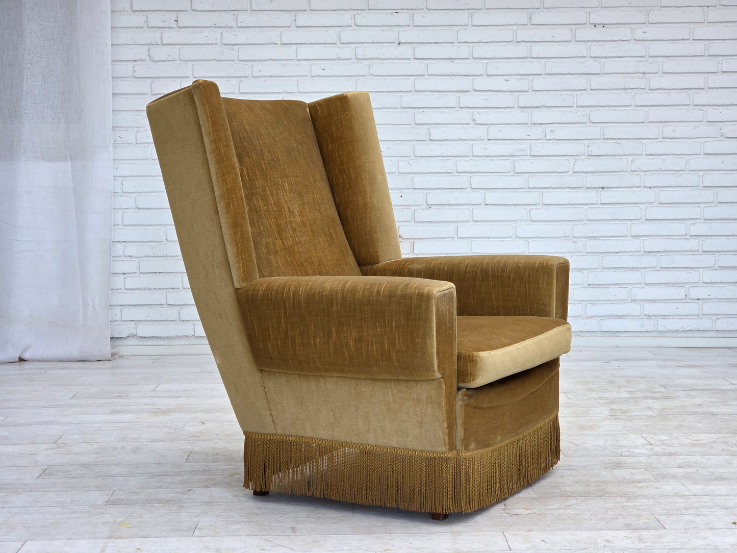1970s, Danish highback armchair, honey yellow furniture velour.
