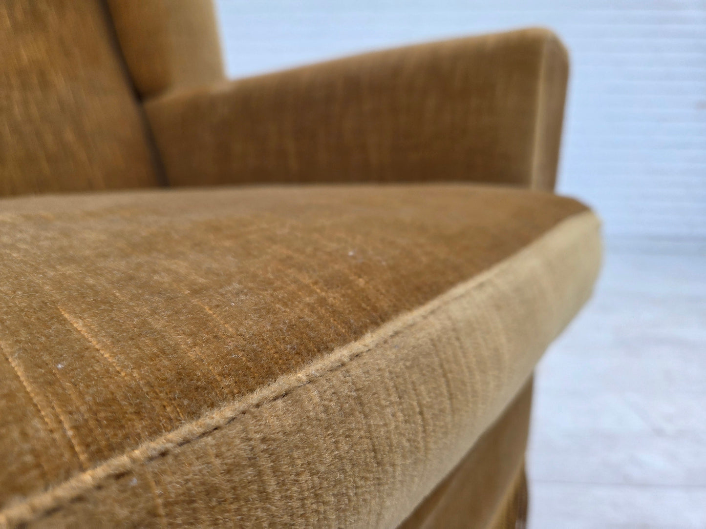 1970s, Danish highback armchair, honey yellow furniture velour.