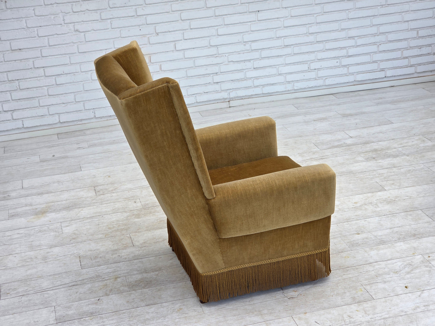 1970s, Danish highback armchair, honey yellow furniture velour.