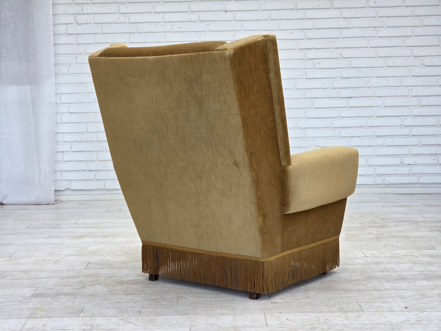 1970s, Danish highback armchair, honey yellow furniture velour.