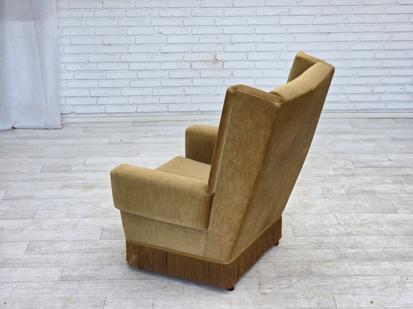 1970s, Danish highback armchair, honey yellow furniture velour.
