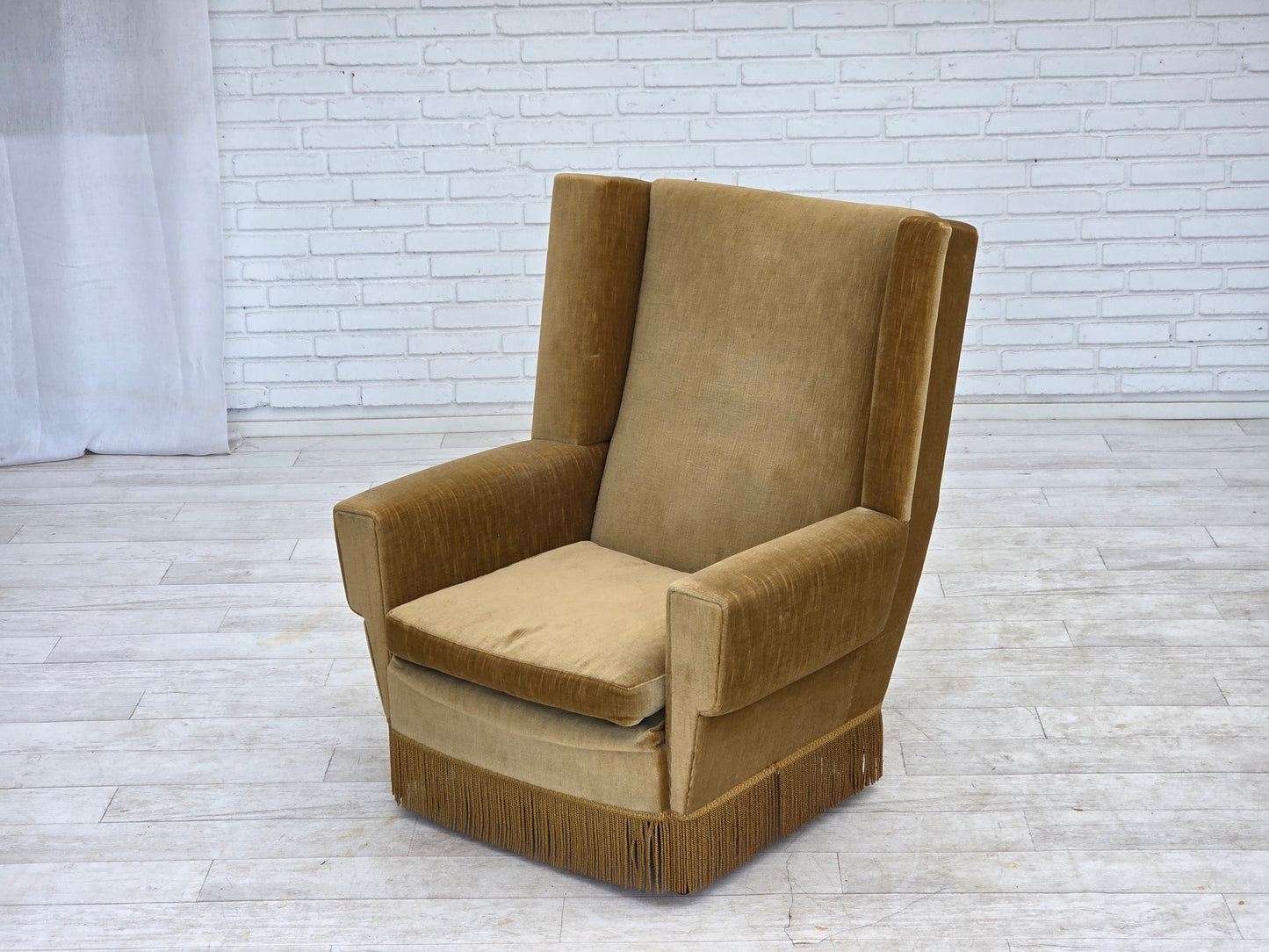 1970s, Danish highback armchair, honey yellow furniture velour.