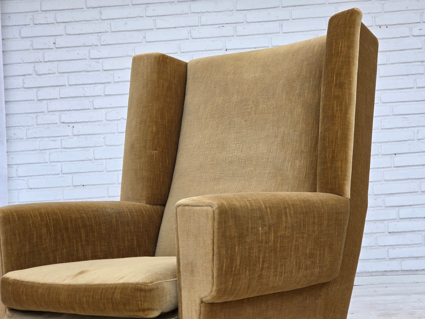 1970s, Danish highback armchair, honey yellow furniture velour.