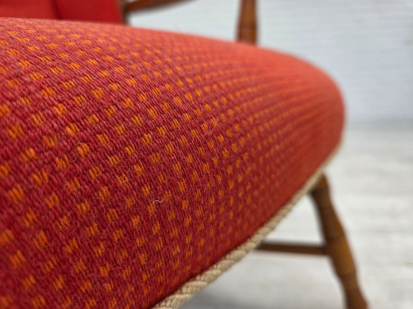1960s, Scandinavian armchair, red furniture wool, beech wood.