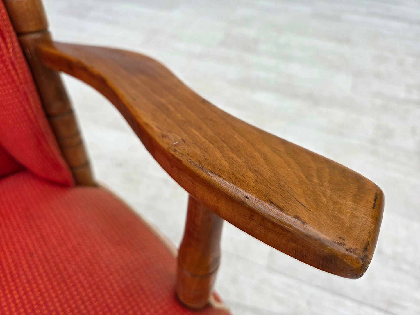 1960s, Scandinavian armchair, red furniture wool, beech wood.