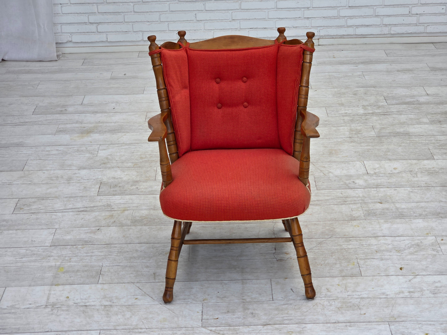 1960s, Scandinavian armchair, red furniture wool, beech wood.