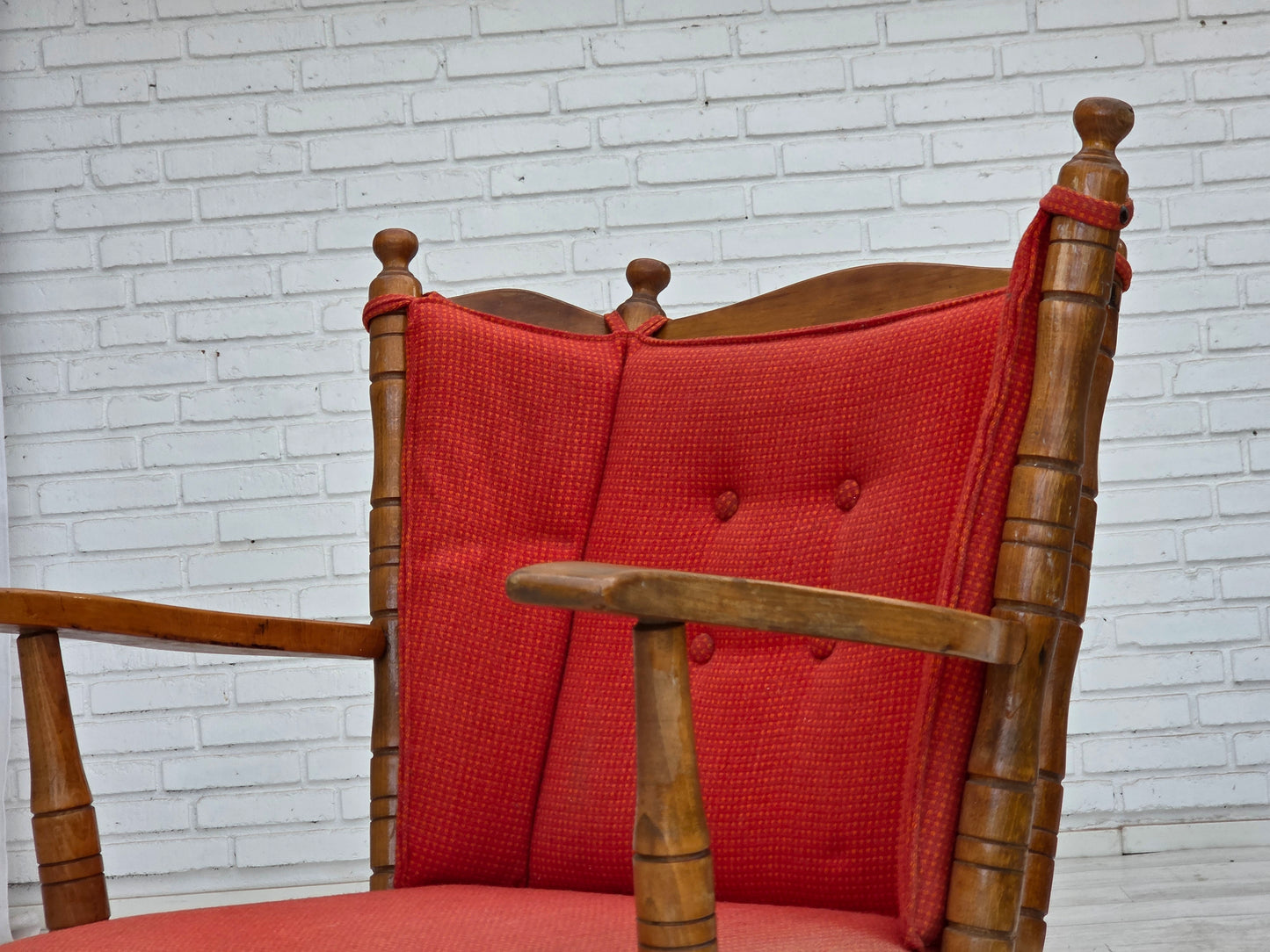 1960s, Scandinavian armchair, red furniture wool, beech wood.