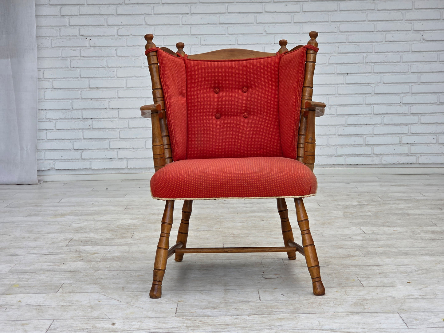 1960s, Scandinavian armchair, red furniture wool, beech wood.