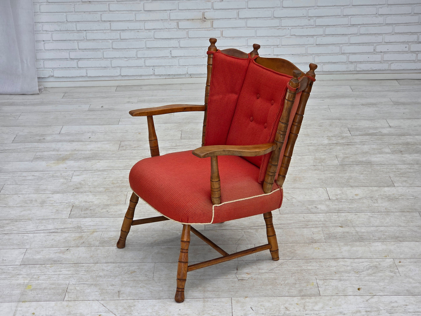 1960s, Scandinavian armchair, red furniture wool, beech wood.