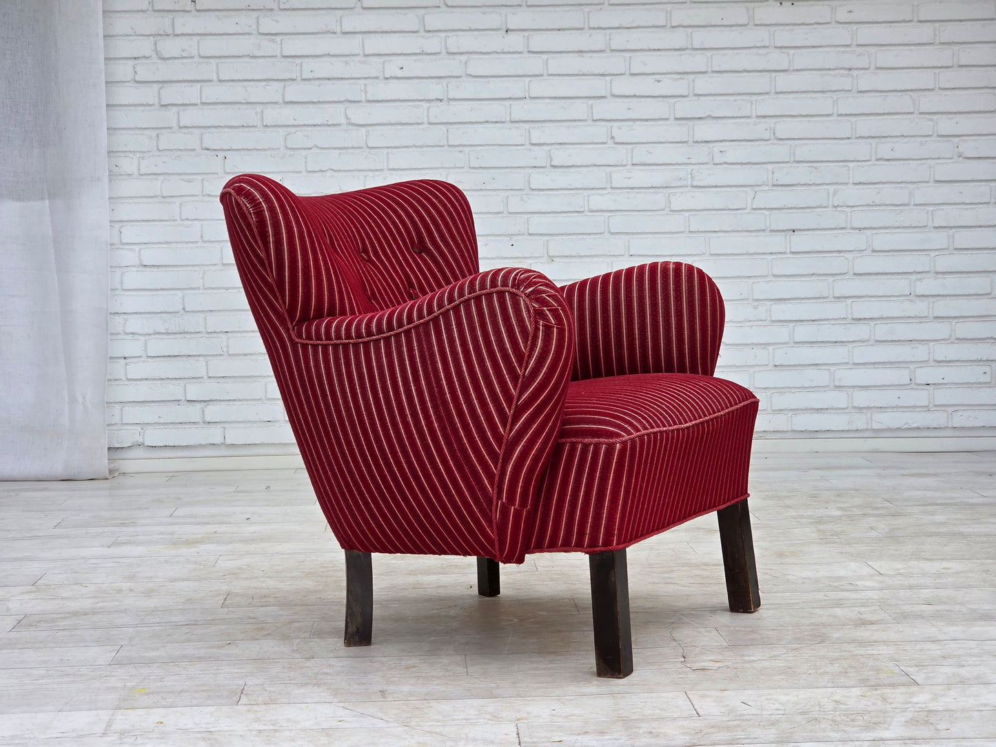 1960s, Danish armchair, red striped furniture wool, oak wood legs.