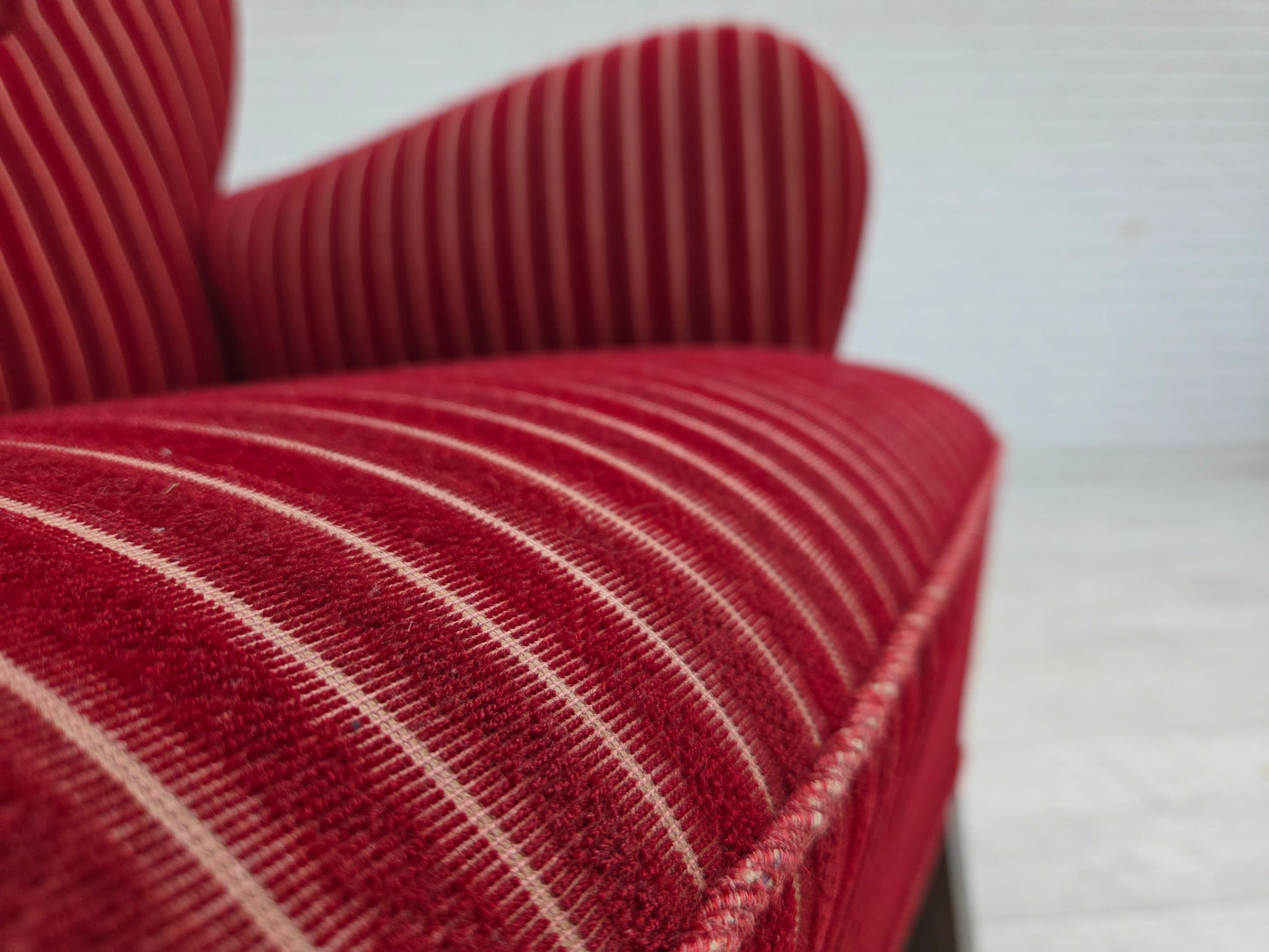 1960s, Danish armchair, red striped furniture wool, oak wood legs.