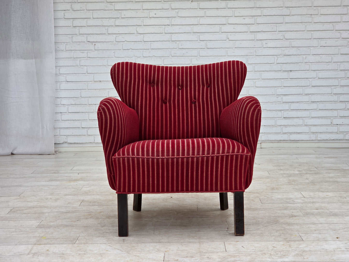 1960s, Danish armchair, red striped furniture wool, oak wood legs.