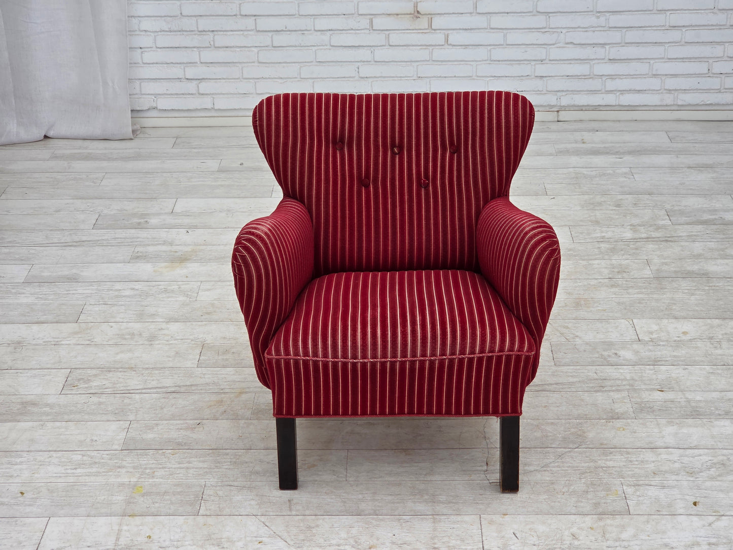 1960s, Danish armchair, red striped furniture wool, oak wood legs.