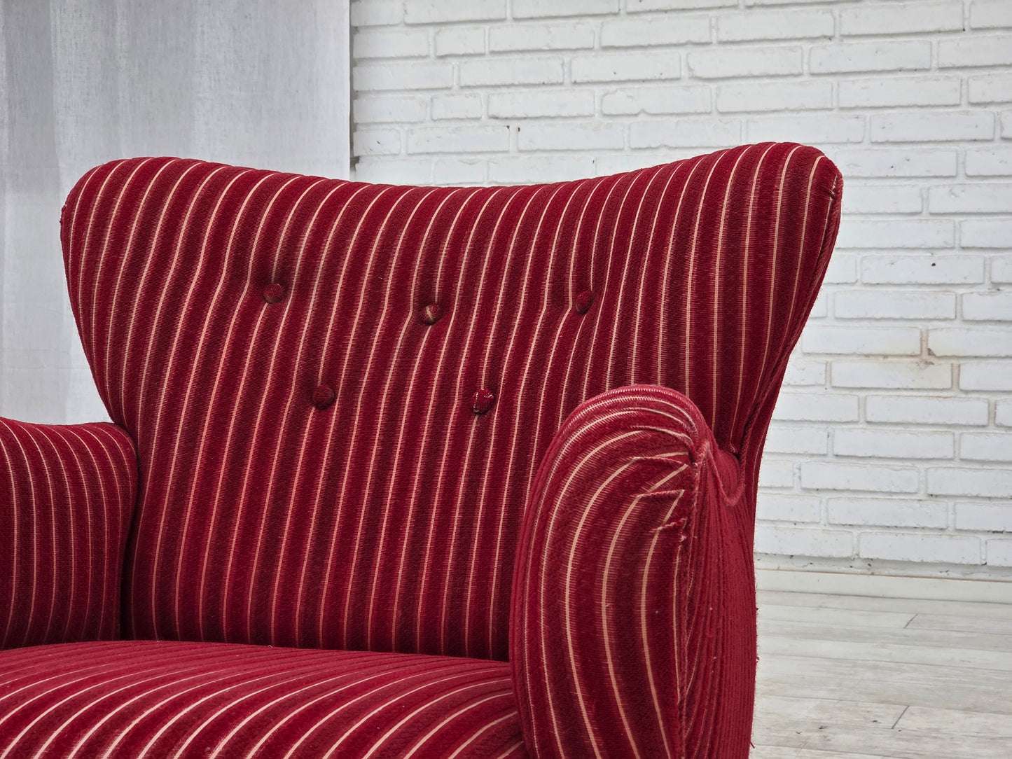 1960s, Danish armchair, red striped furniture wool, oak wood legs.