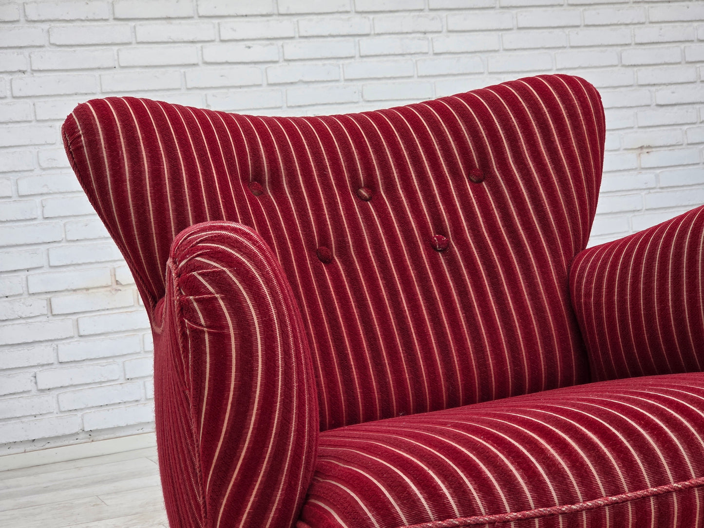 1960s, Danish armchair, red striped furniture wool, oak wood legs.