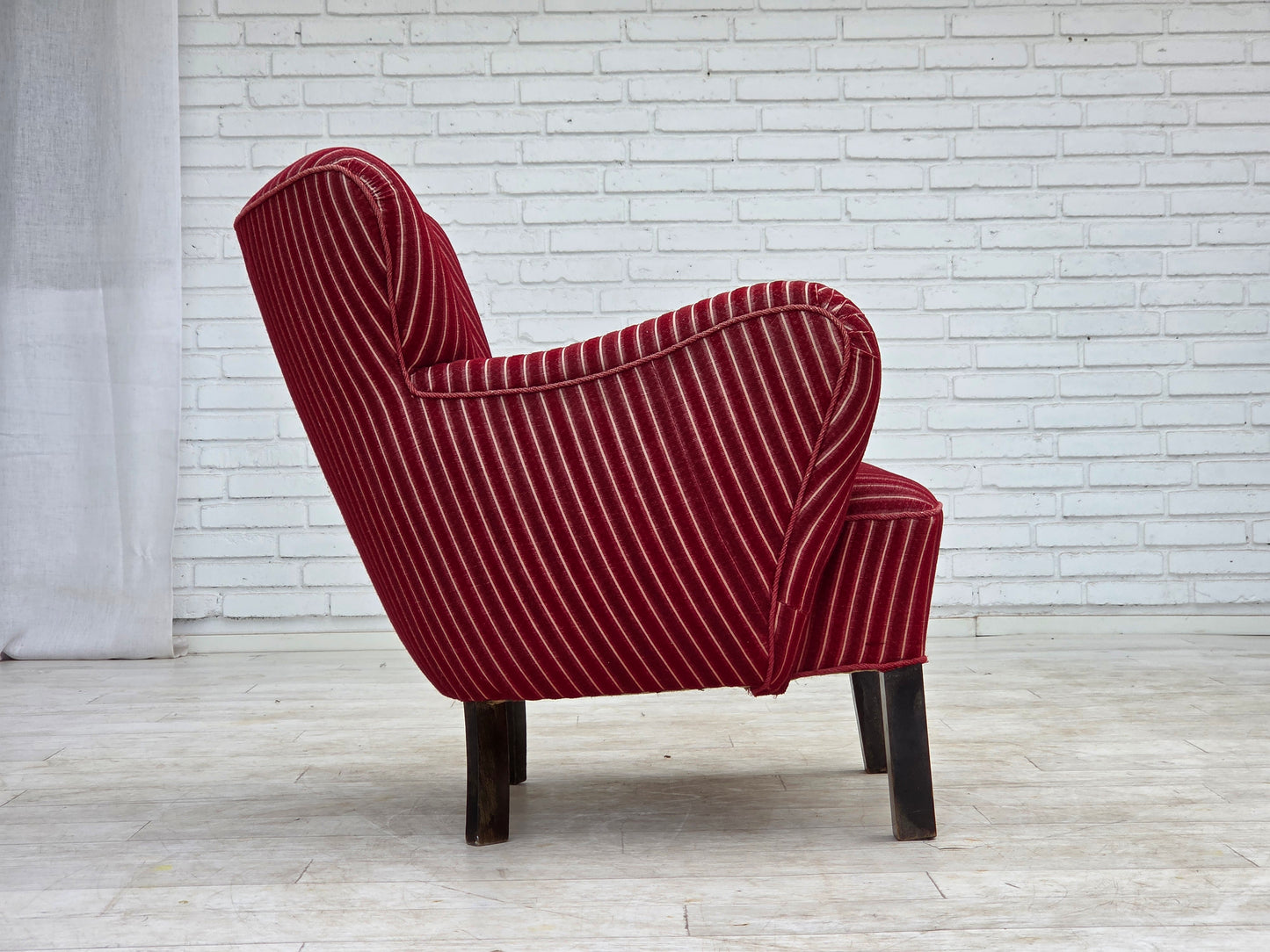 1960s, Danish armchair, red striped furniture wool, oak wood legs.