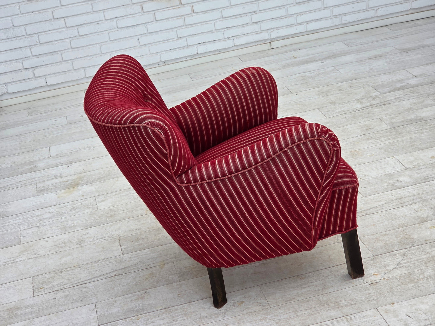 1960s, Danish armchair, red striped furniture wool, oak wood legs.