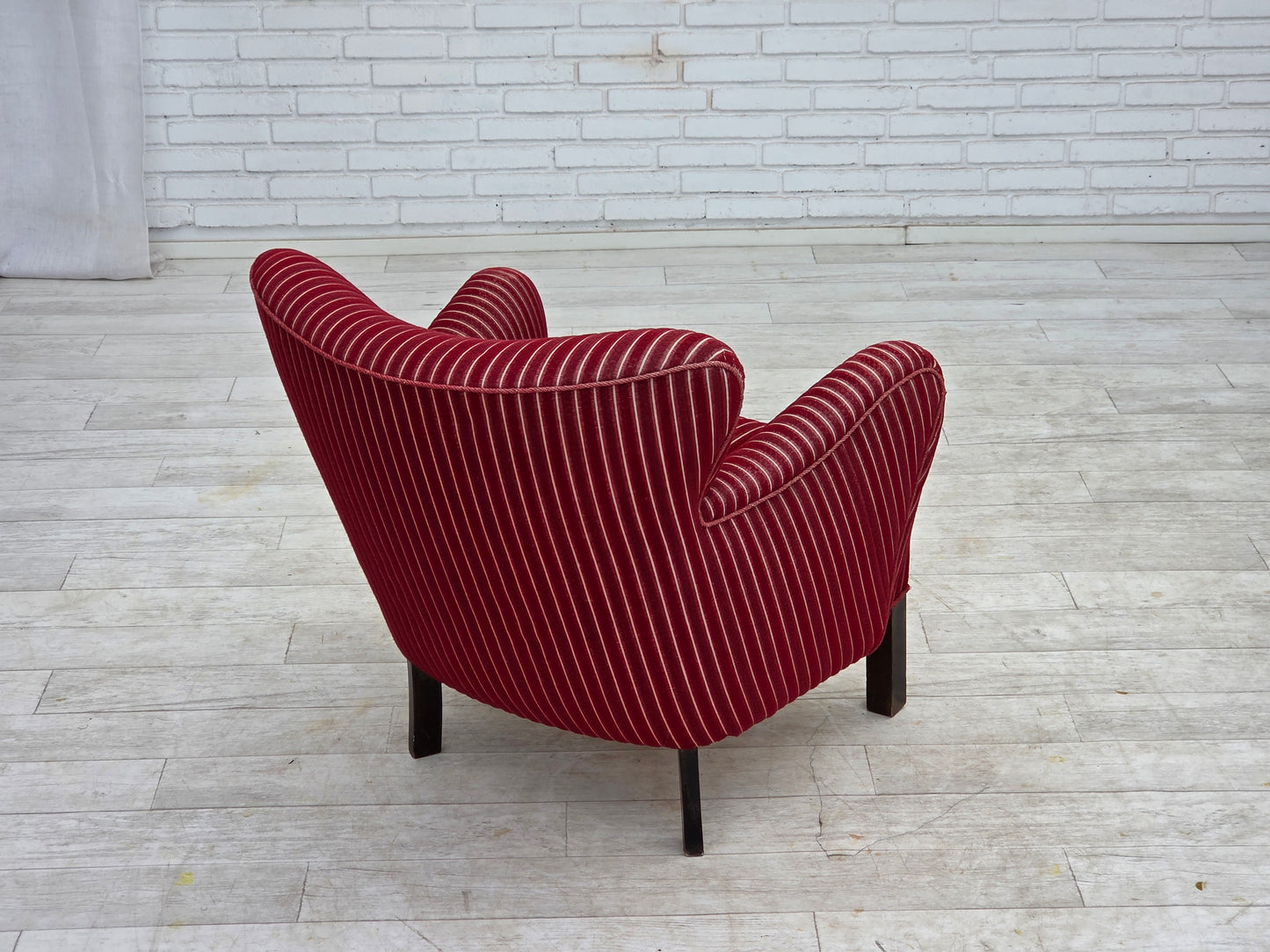 1960s, Danish armchair, red striped furniture wool, oak wood legs.