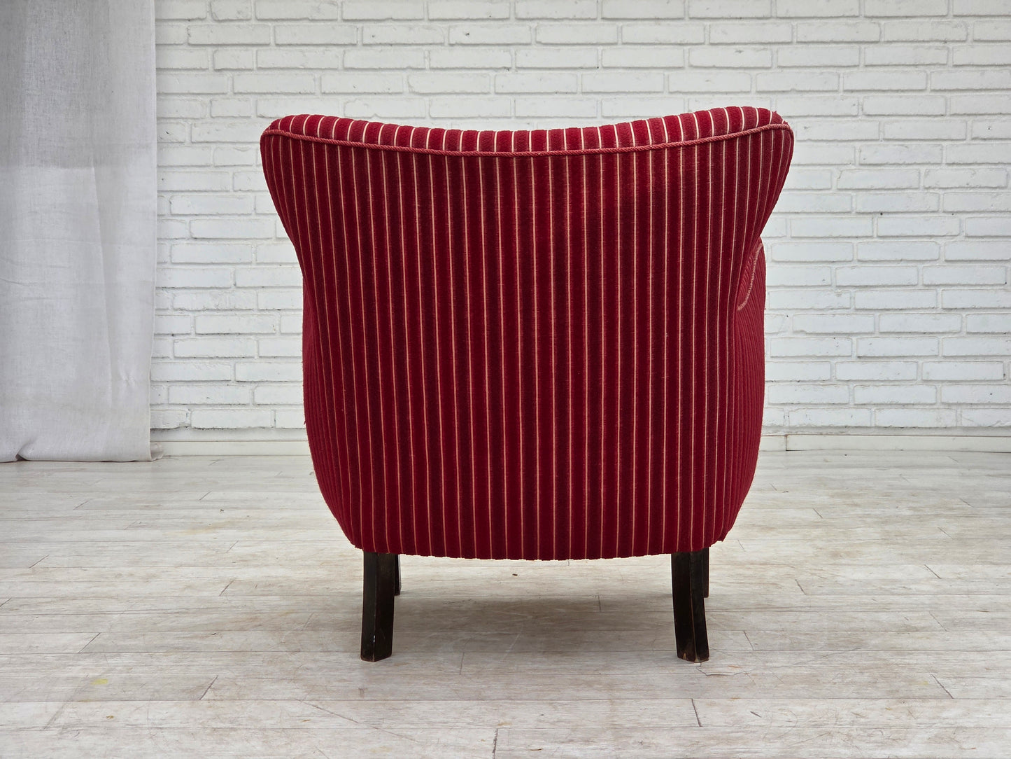 1960s, Danish armchair, red striped furniture wool, oak wood legs.