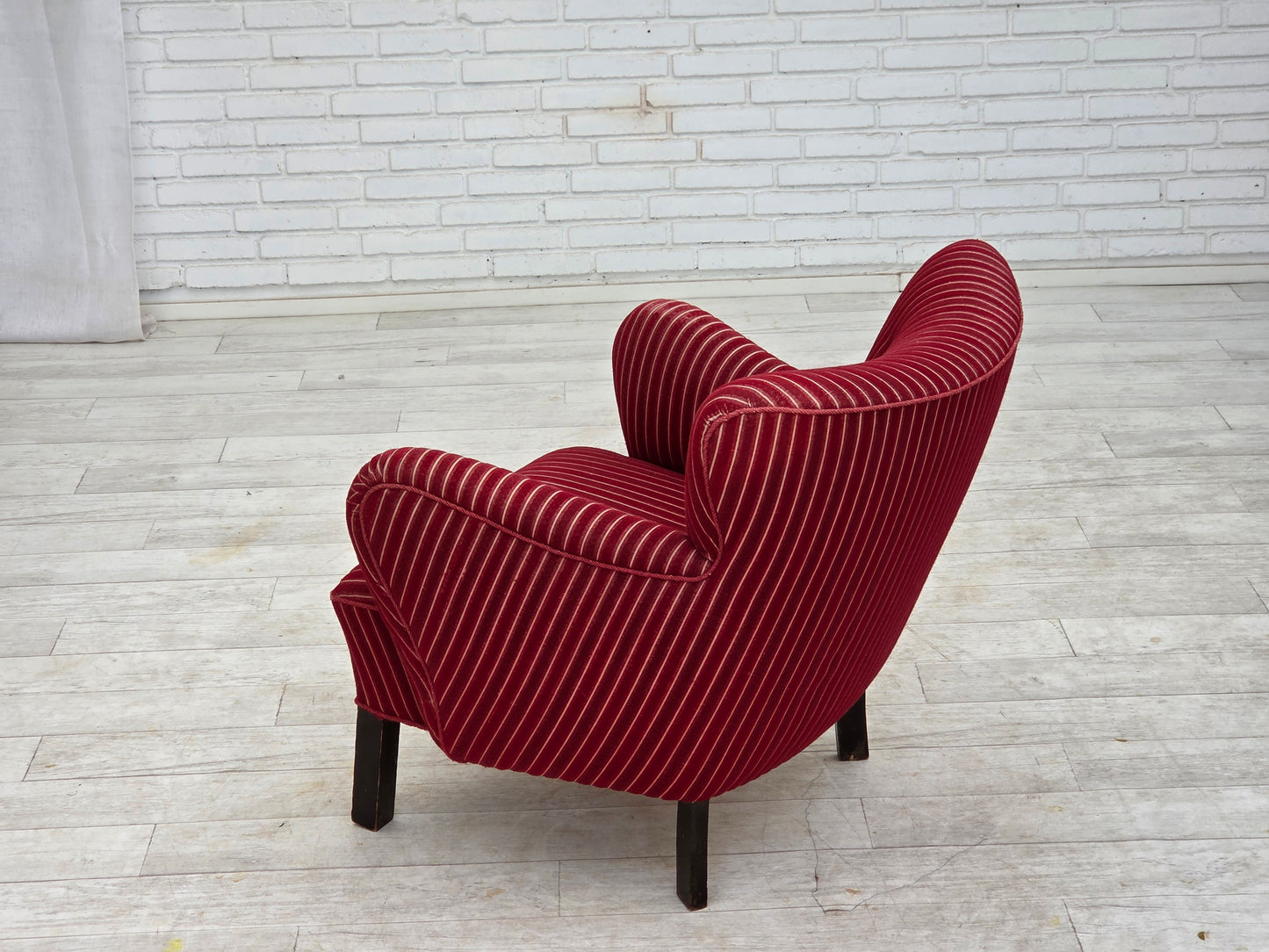 1960s, Danish armchair, red striped furniture wool, oak wood legs.