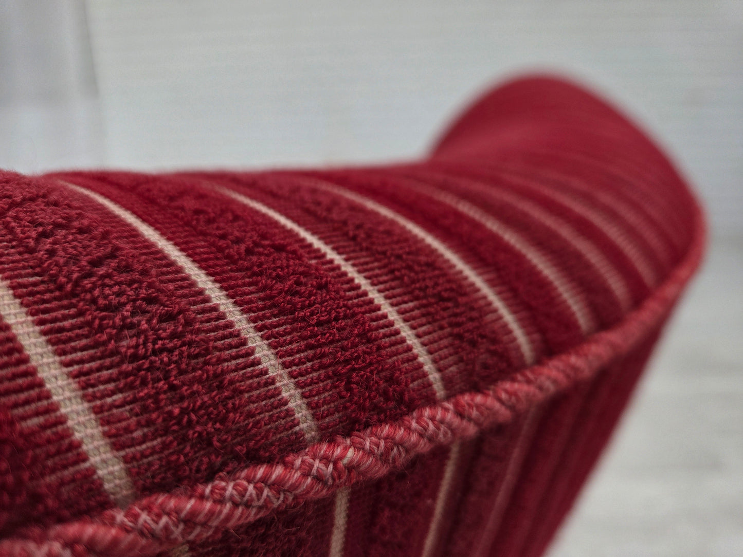 1960s, Danish armchair, red striped furniture wool, oak wood legs.