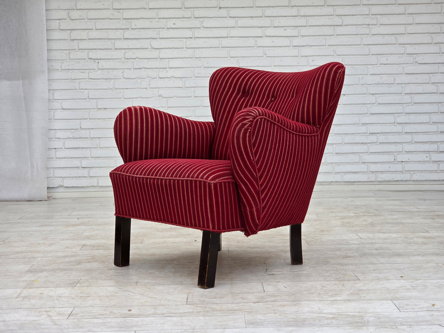 1960s, Danish armchair, red striped furniture wool, oak wood legs.