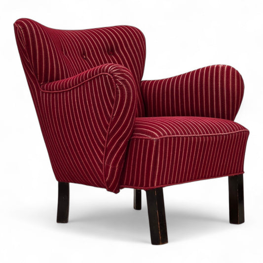 1960s, Danish armchair, red striped furniture wool, oak wood legs.
