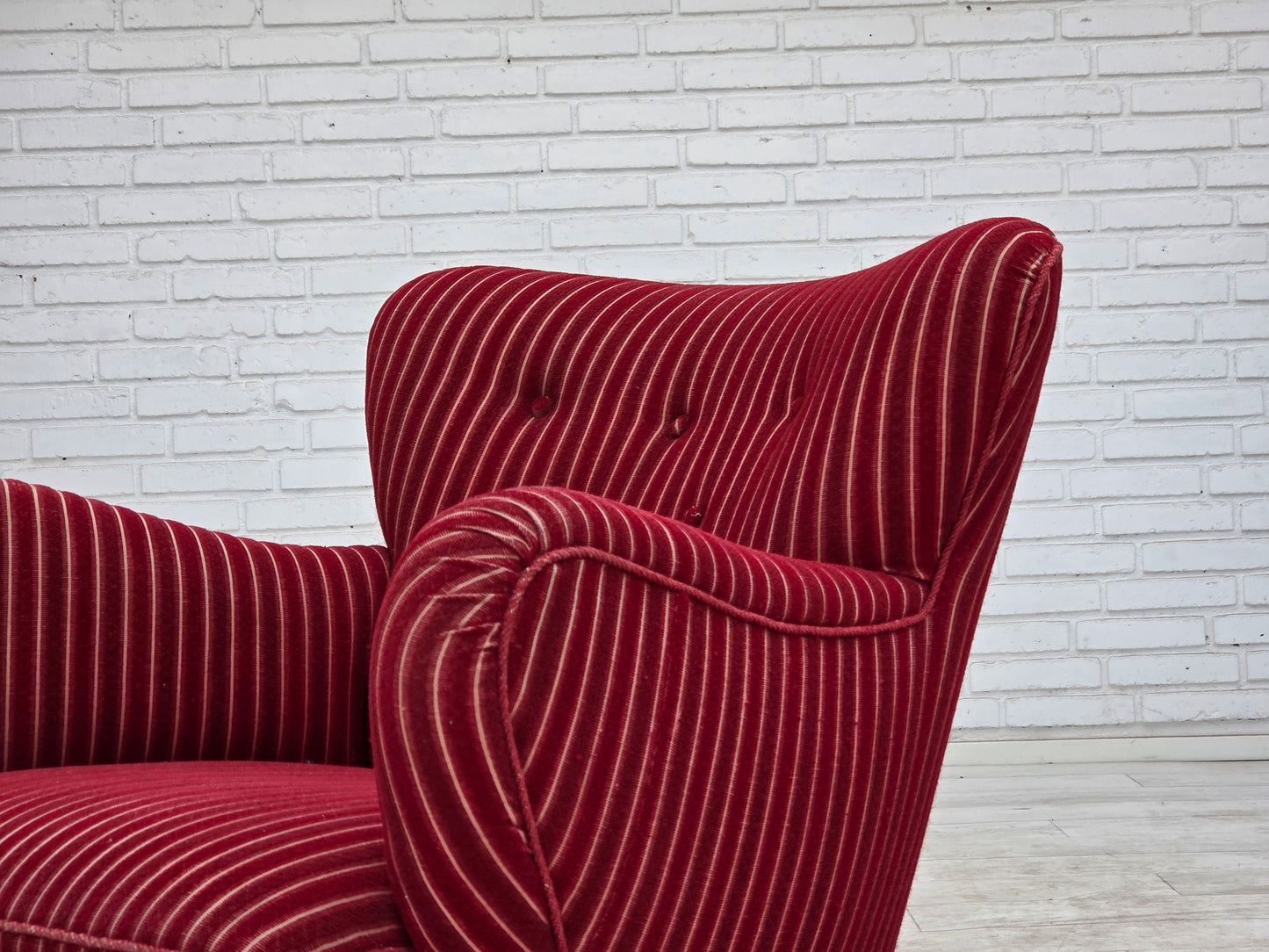 1960s, Danish armchair, red striped furniture wool, oak wood legs.