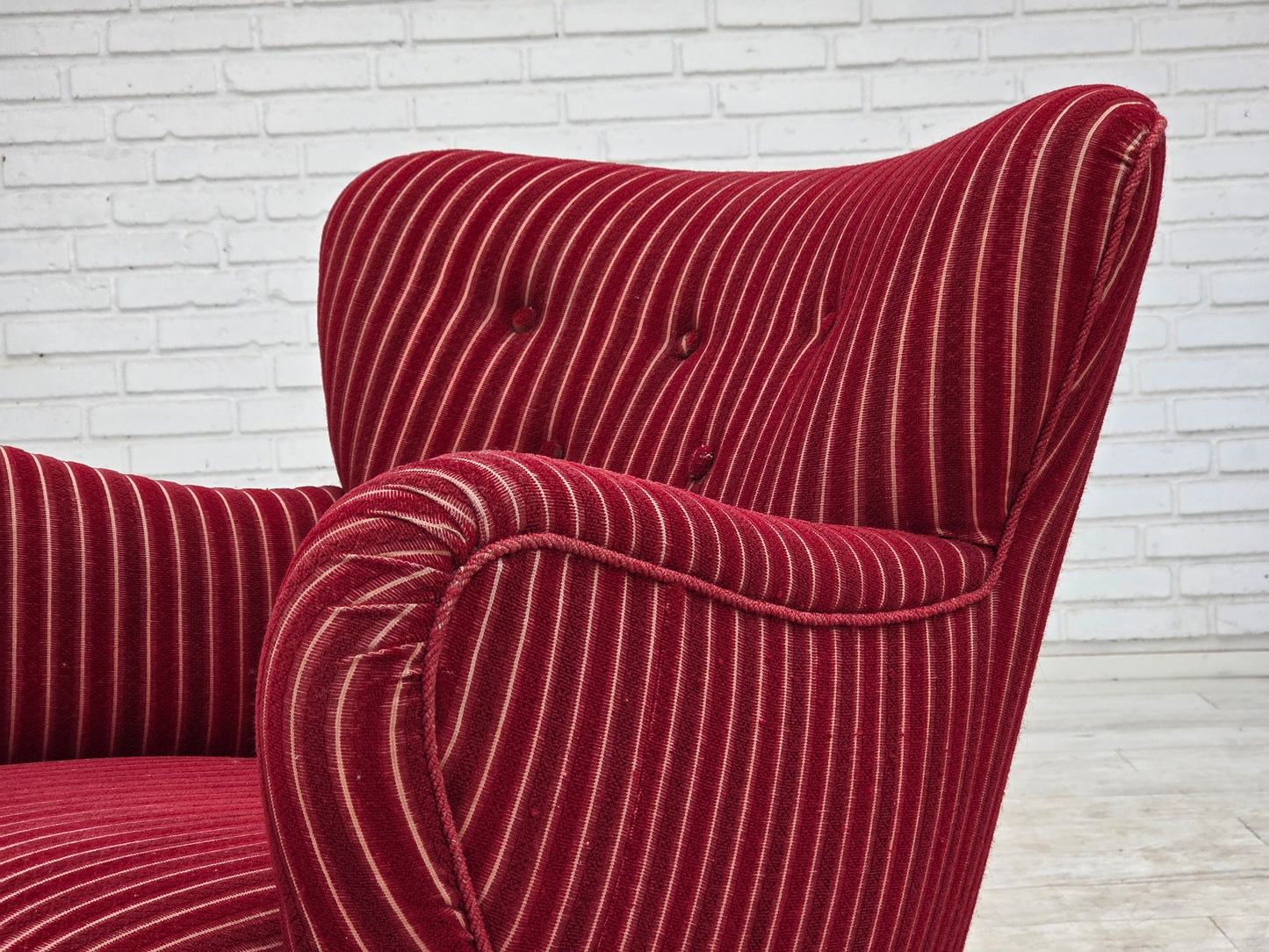 1960s, Danish armchair, red striped furniture wool, oak wood legs.