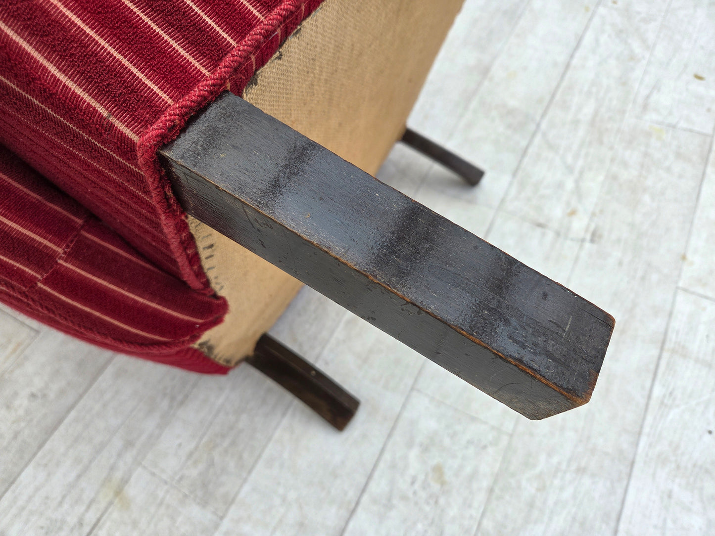 1960s, Danish armchair, red striped furniture wool, oak wood legs.