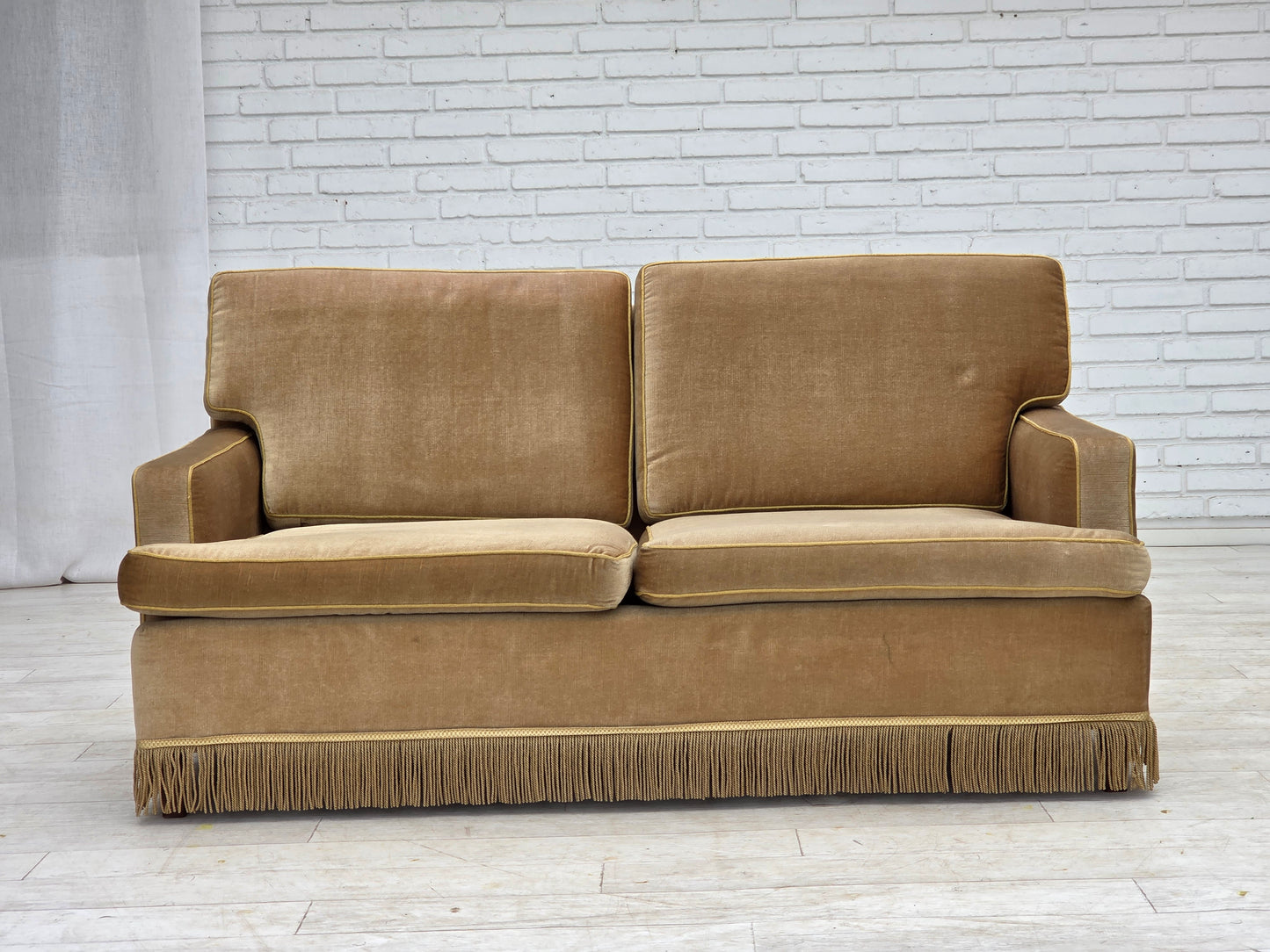 1970s, Danish 2-seater sofa, honey yellow furniture velour.