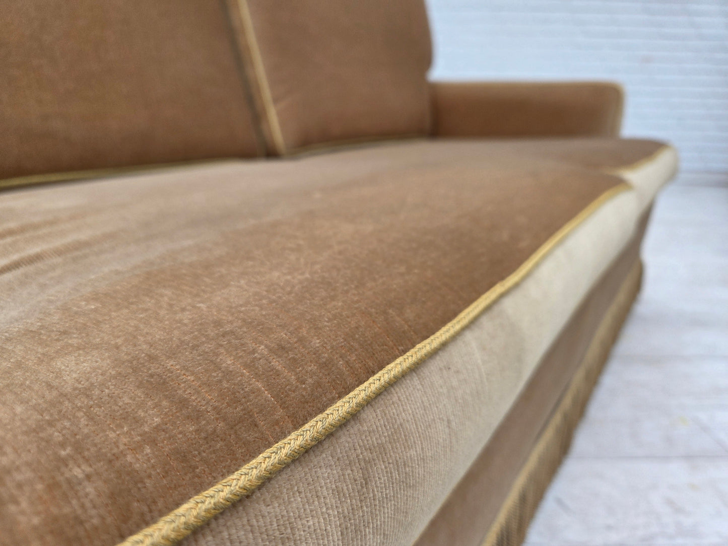 1970s, Danish 2-seater sofa, honey yellow furniture velour.