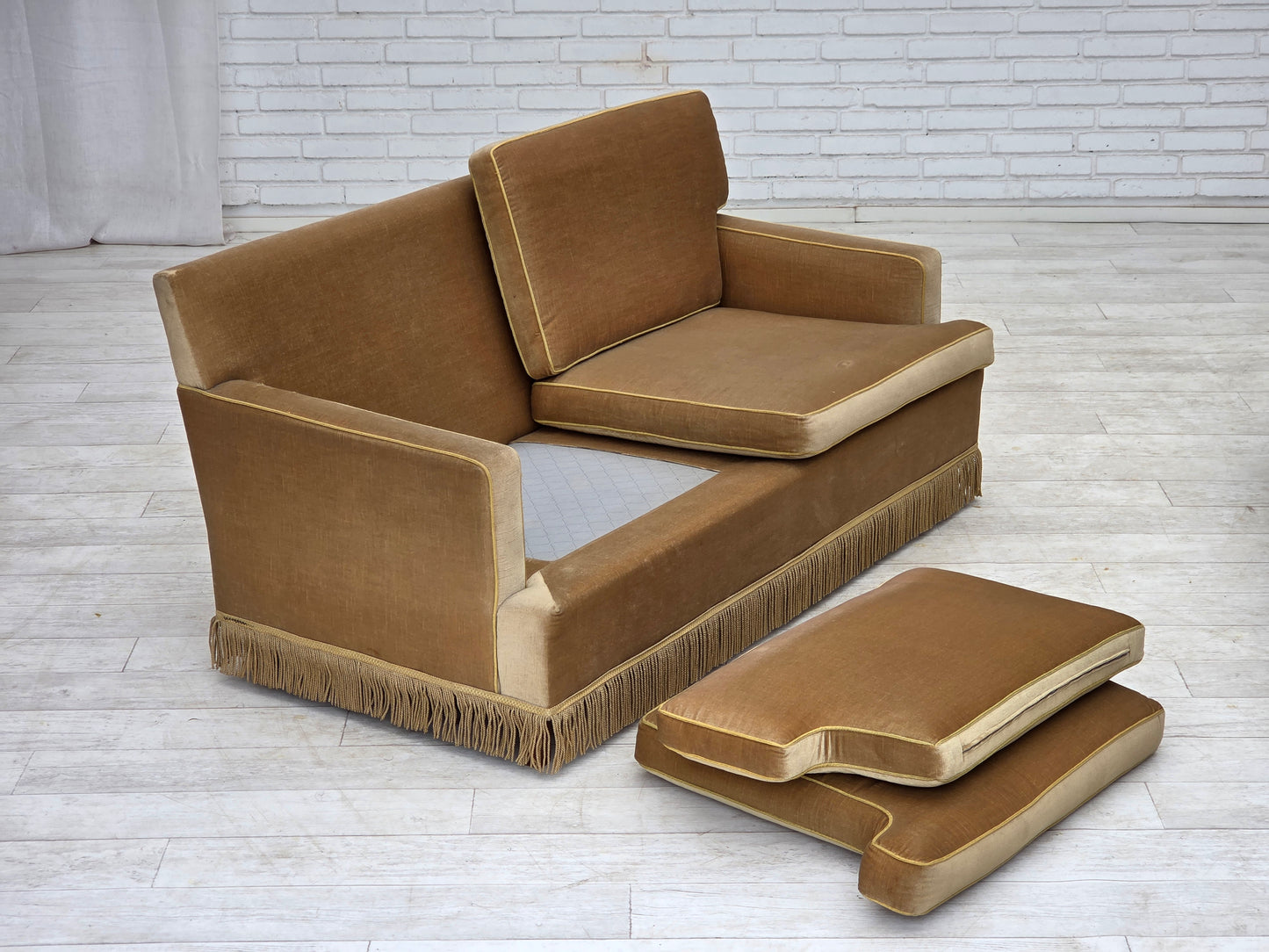 1970s, Danish 2-seater sofa, honey yellow furniture velour.