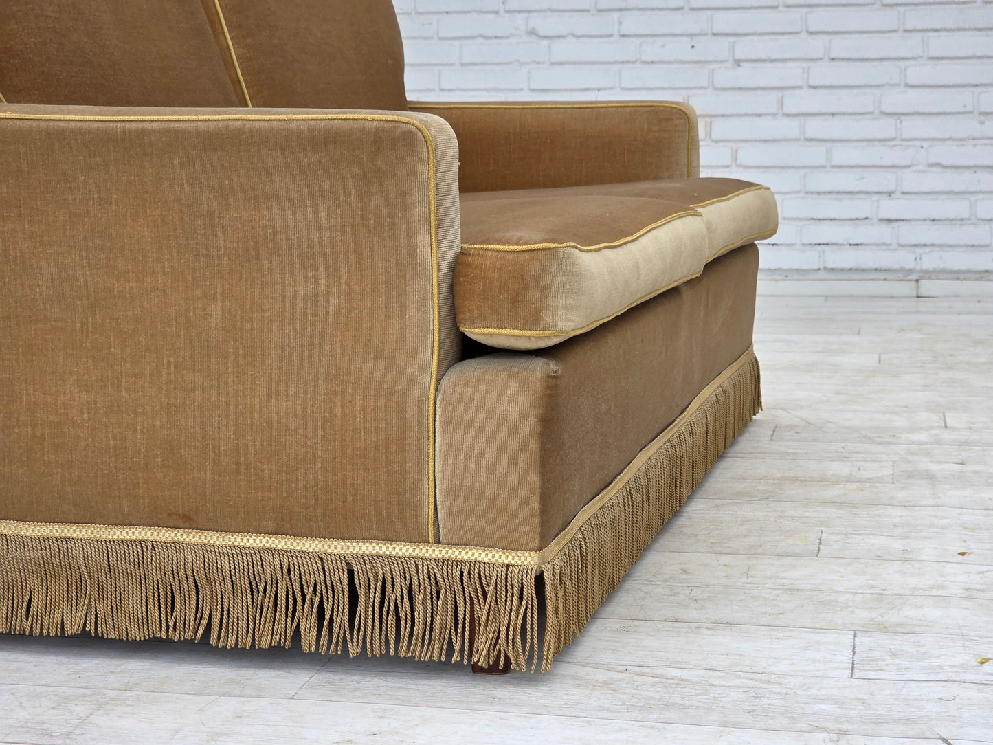 1970s, Danish 2-seater sofa, honey yellow furniture velour.