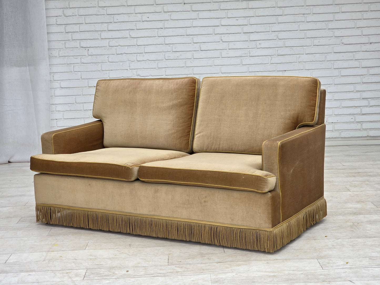 1970s, Danish 2-seater sofa, honey yellow furniture velour.