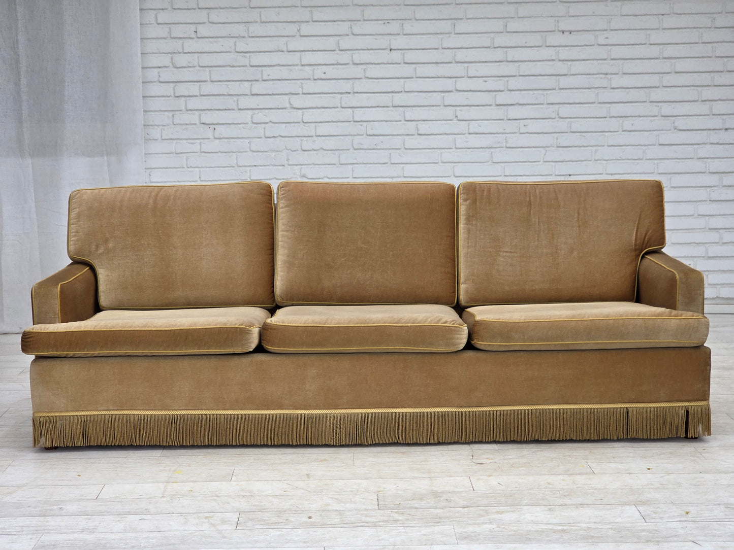 1970s, Danish 3-seater sofa, honey yellow furniture velour.