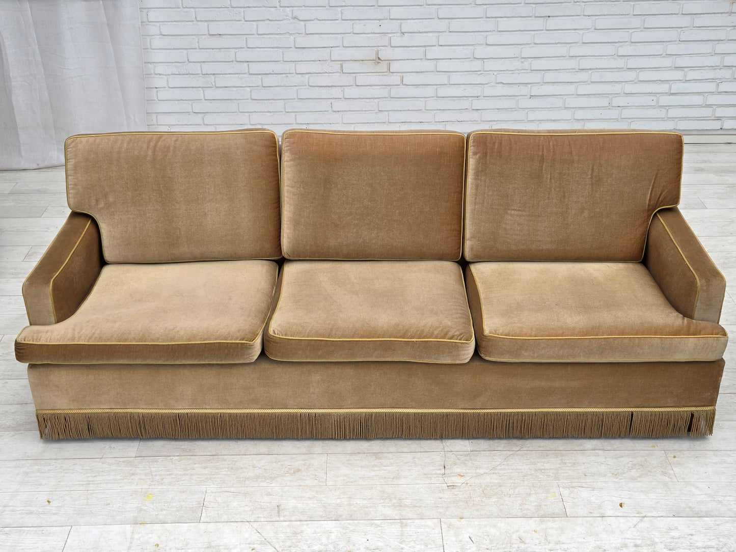 1970s, Danish 3-seater sofa, honey yellow furniture velour.