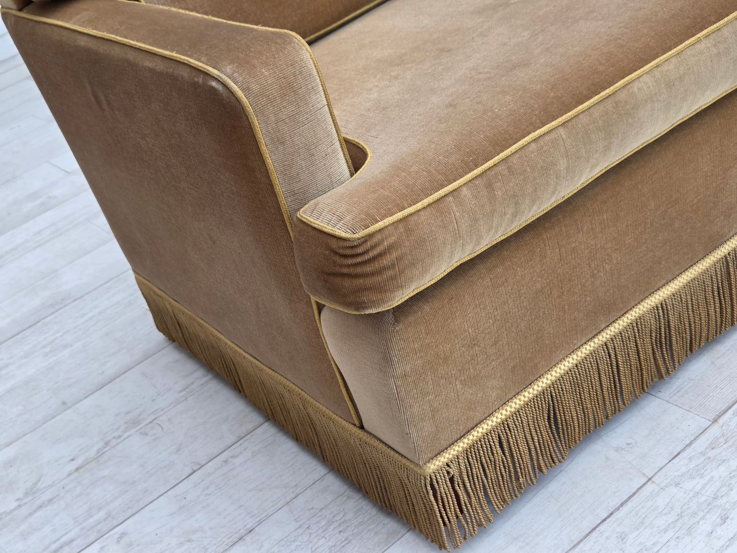 1970s, Danish 3-seater sofa, honey yellow furniture velour.