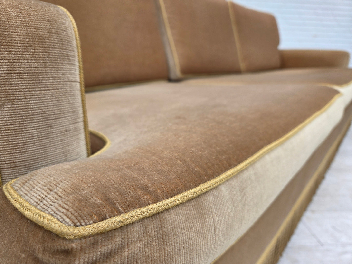 1970s, Danish 3-seater sofa, honey yellow furniture velour.
