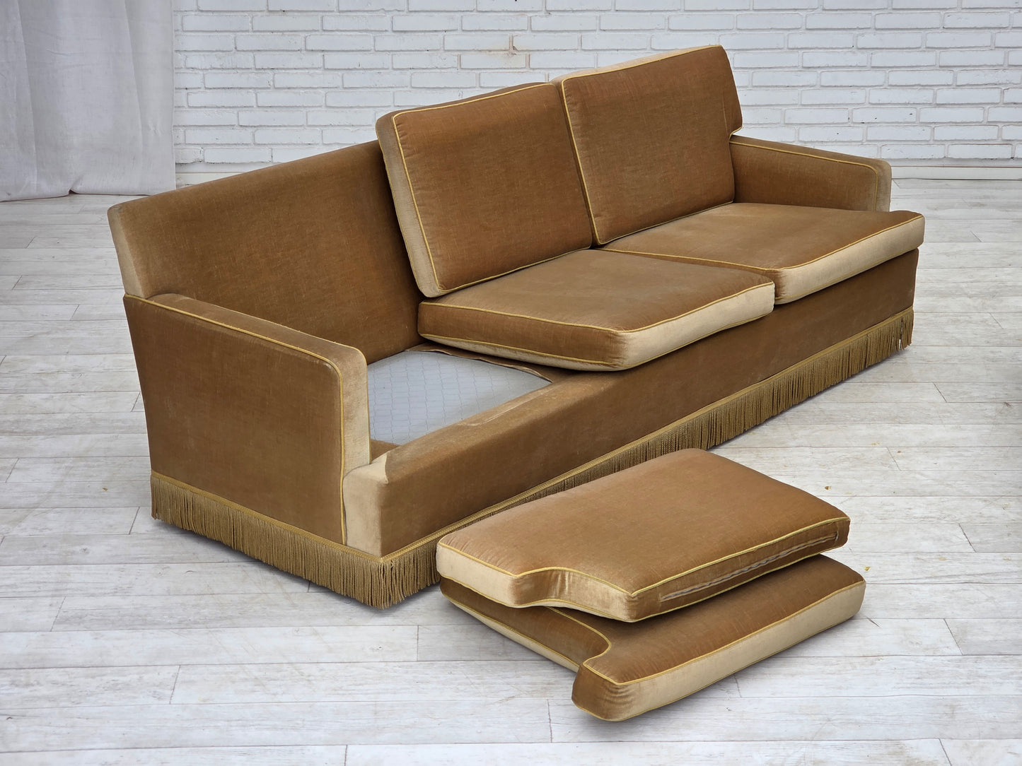 1970s, Danish 3-seater sofa, honey yellow furniture velour.