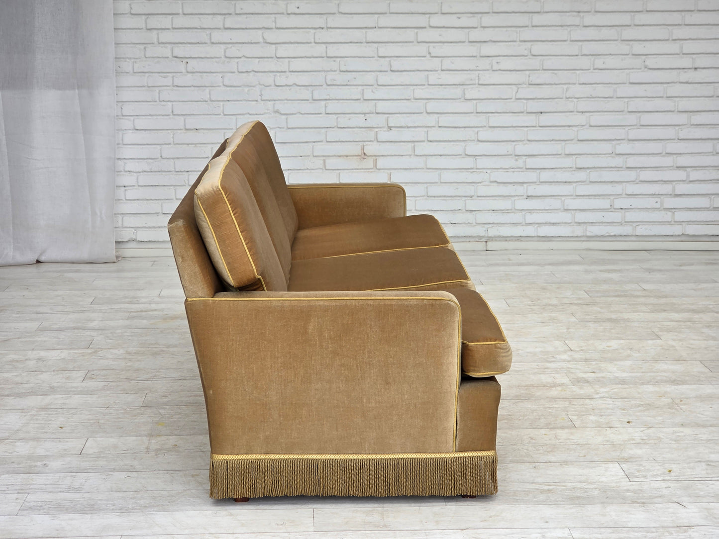 1970s, Danish 3-seater sofa, honey yellow furniture velour.