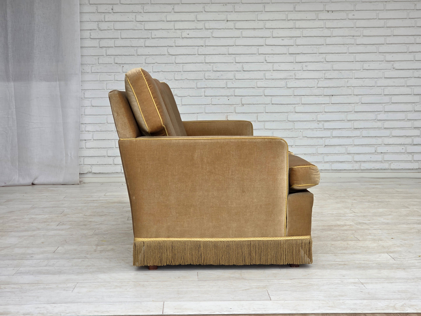 1970s, Danish 3-seater sofa, honey yellow furniture velour.