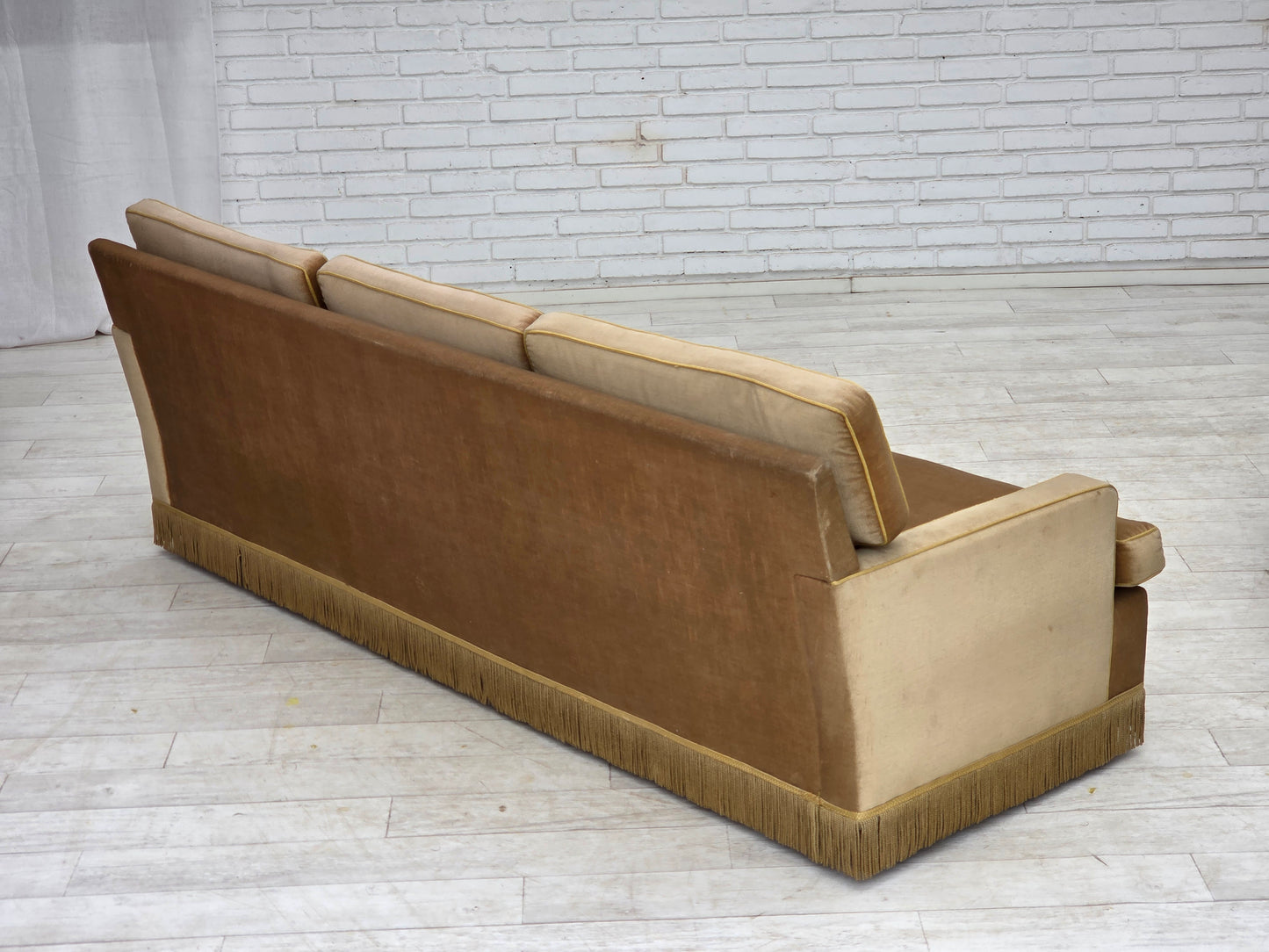 1970s, Danish 3-seater sofa, honey yellow furniture velour.
