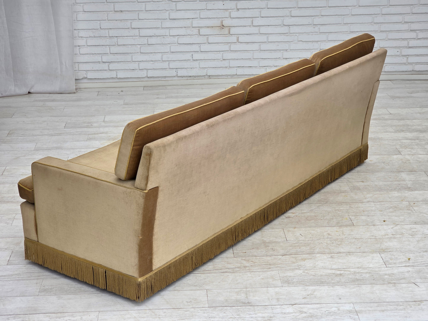 1970s, Danish 3-seater sofa, honey yellow furniture velour.