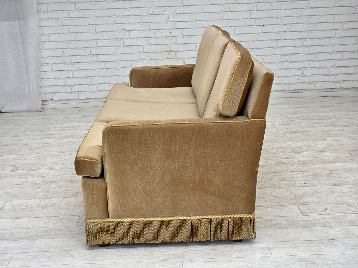 1970s, Danish 3-seater sofa, honey yellow furniture velour.