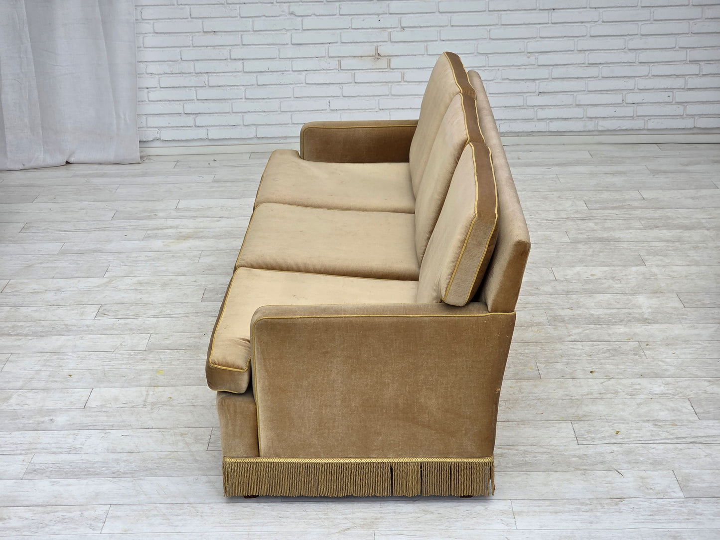 1970s, Danish 3-seater sofa, honey yellow furniture velour.